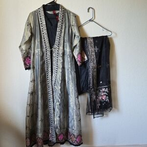 Embroidered Two-Piece Ethnic Set in Olive Green and Black with Pink Accents